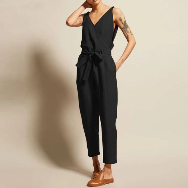 Women’s V-Neck Sleeveless Cropped Jumpsuit with Pockets