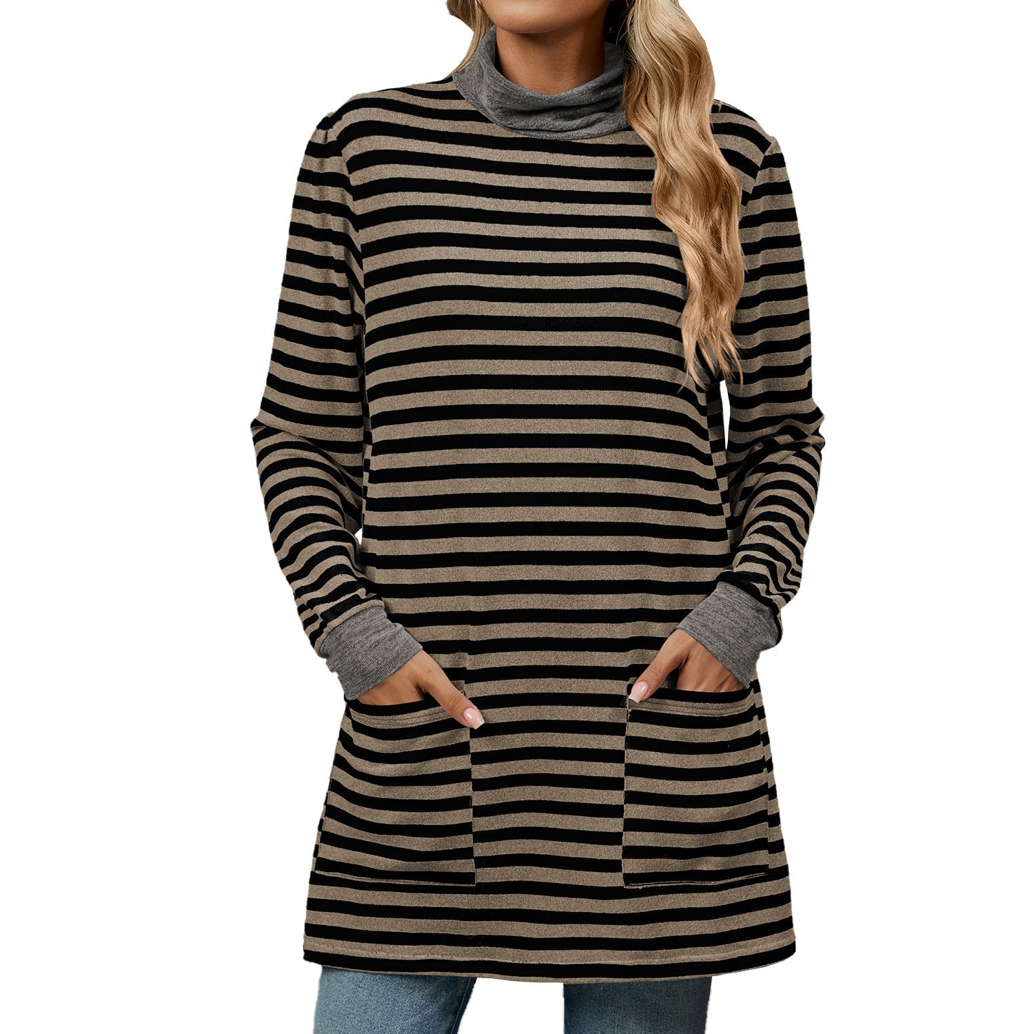 Women’s Turtleneck Striped Long Sleeve Shirt with Pockets