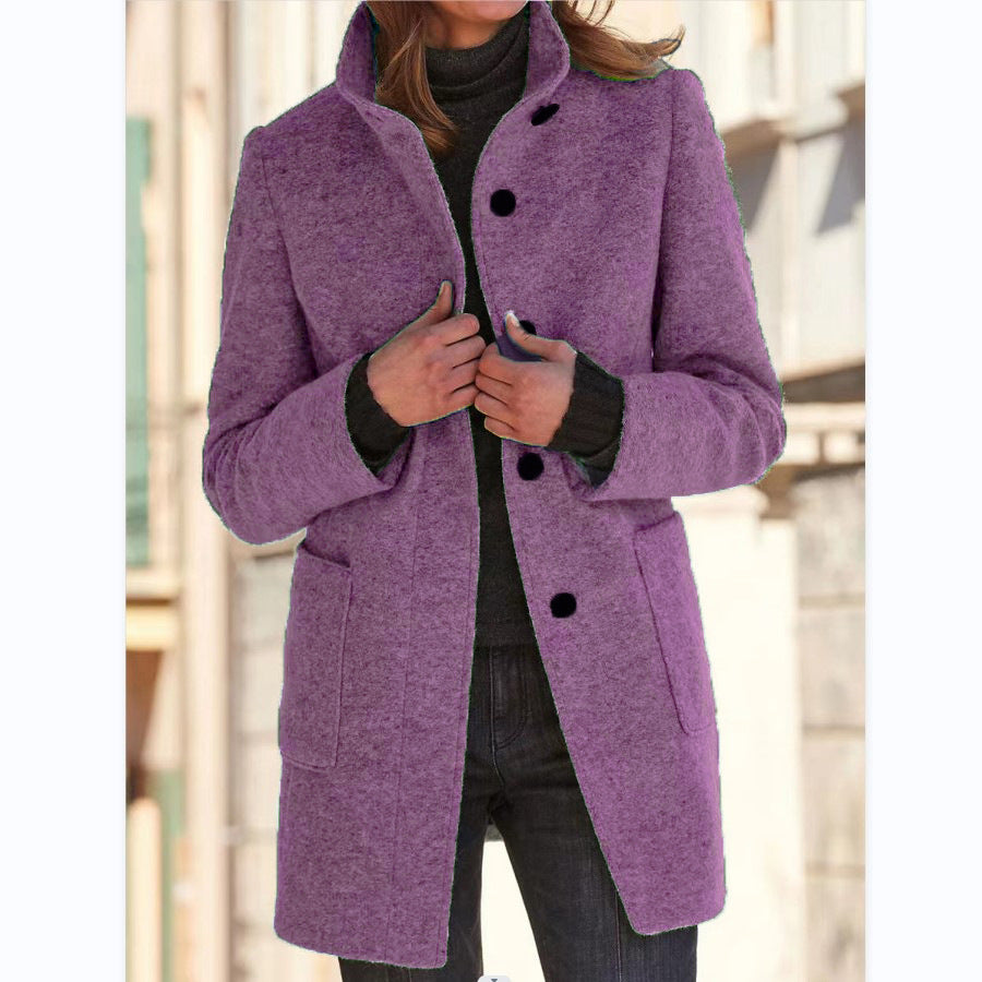 Women’s Wool Coat With Pockets and Stand Collar