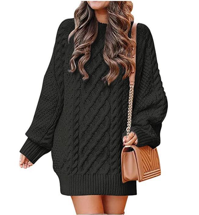 Color-Dark Brown-Round Neck Long Sleeve Twisted Knitted Thick Needle Pullover Mid Length Sweater Women Dress-Fancey Boutique