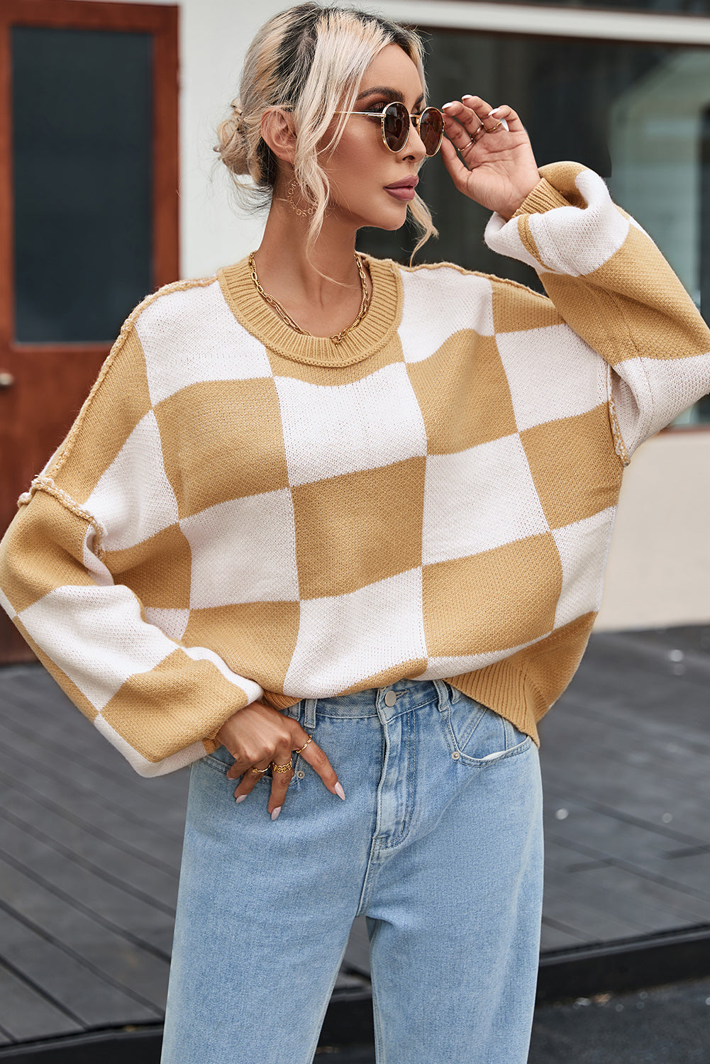 Checkered Bishop Sleeve Sweater - Sweaters & Cardigans - Sunny Angela