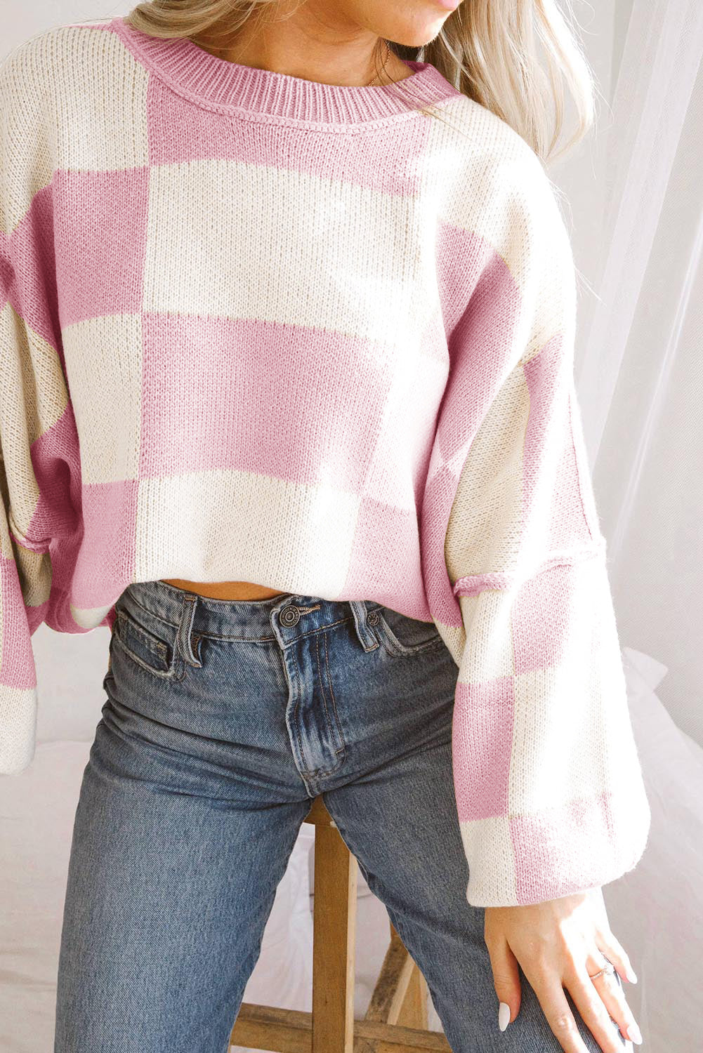 Checkered Bishop Sleeve Sweater - Sweaters & Cardigans - Sunny Angela