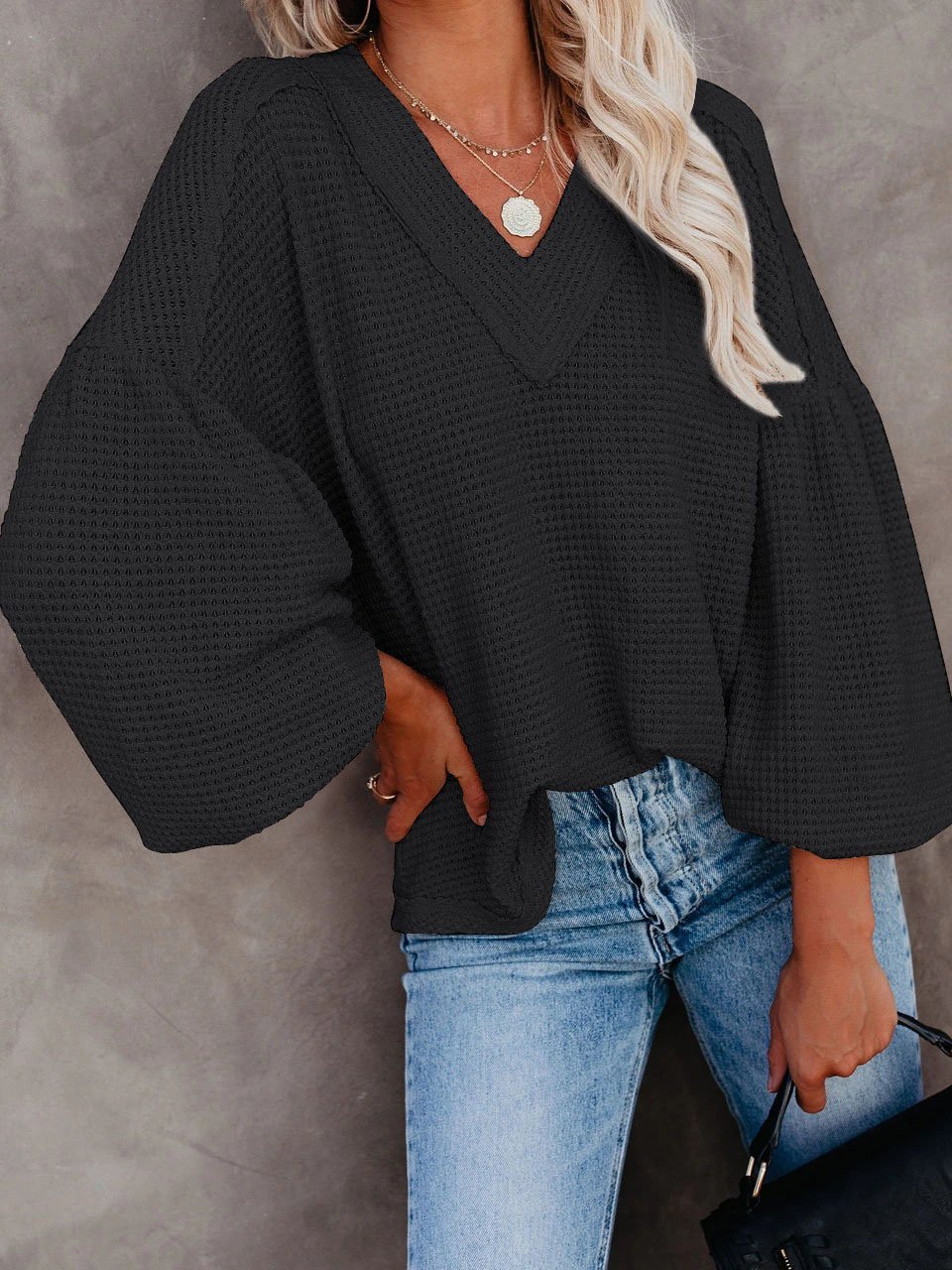 Loose V-neck Lantern Sleeve Top - Blouses - INS | Online Fashion Free Shipping Clothing, Dresses, Tops, Shoes - 20-30 - 20/07/2021 - BLO2107201212