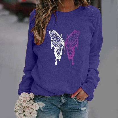 Fashion Colorized Butterfly Round Neck Sweater Printed-Navy Blue-9