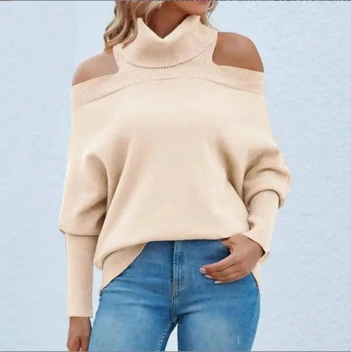 Womens Off Shoulder Sweaters Turtleneck Oversized Batwing-3