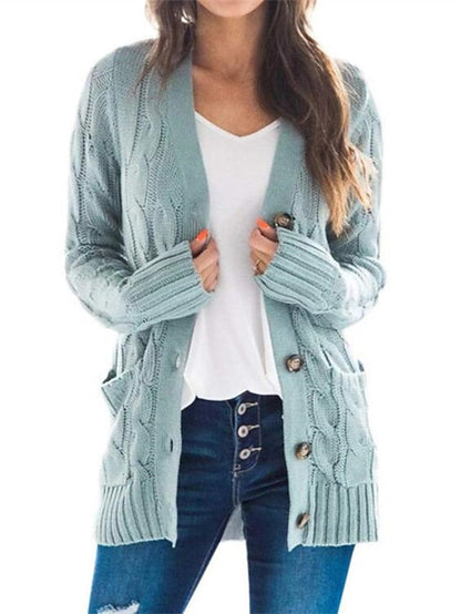 Women's Cardigan Pocket Knitted Button Solid Color Casual Chunky Long Sleeve Regular Fit Sweater Cardigans Open Front Fall Winter Dark powder Blue Army Green - LuckyFash™