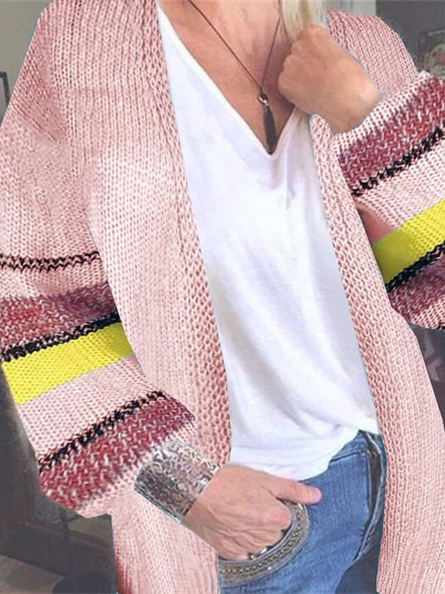 Women's Cardigan Knitted Rainbow Color Block Basic Casual Long Sleeve Loose Sweater Cardigans Open Front Fall Spring Pink Light Green Beige / Daily / Holiday - LuckyFash™