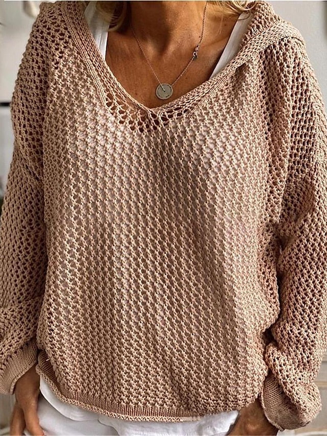 Women's Pullover Sweater Jumper Jumper Crochet Knit Hole Solid Color Hooded Stylish Casual Daily Going out Summer Spring Yellow Red S M L - LuckyFash™