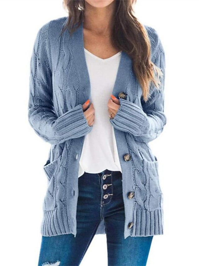 Women's Cardigan Pocket Knitted Button Solid Color Casual Chunky Long Sleeve Regular Fit Sweater Cardigans Open Front Fall Winter Dark powder Blue Army Green - LuckyFash™