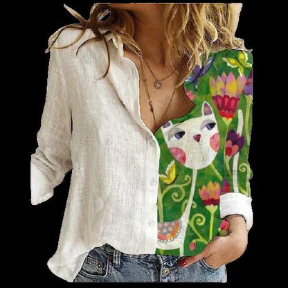 Women Button Turn-Down Collar Vintage Casual Printed Blouses freeshipping - Tyche Ace