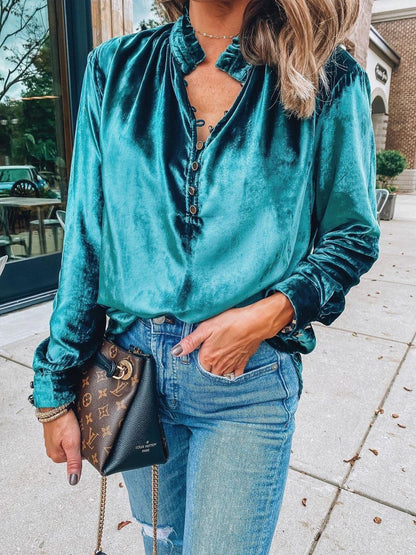 Women's Blouses V-Neck Button Gold Velvet Long Sleeve Blouse - Blouses - Instastyled | Online Fashion Free Shipping Clothing, Dresses, Tops, Shoes - 06/12/2021 - 30-40 - BLO2112061466