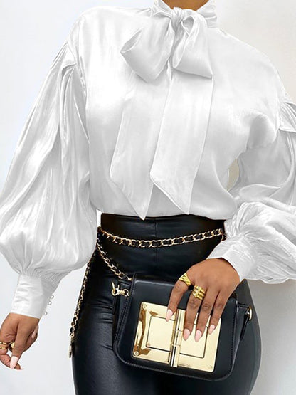 Women's Blouses Vintage Solid Belted Long Sleeve Blouse - Blouses - Instastyled | Online Fashion Free Shipping Clothing, Dresses, Tops, Shoes - 23/12/2021 - 40-50 - BLO2112231502