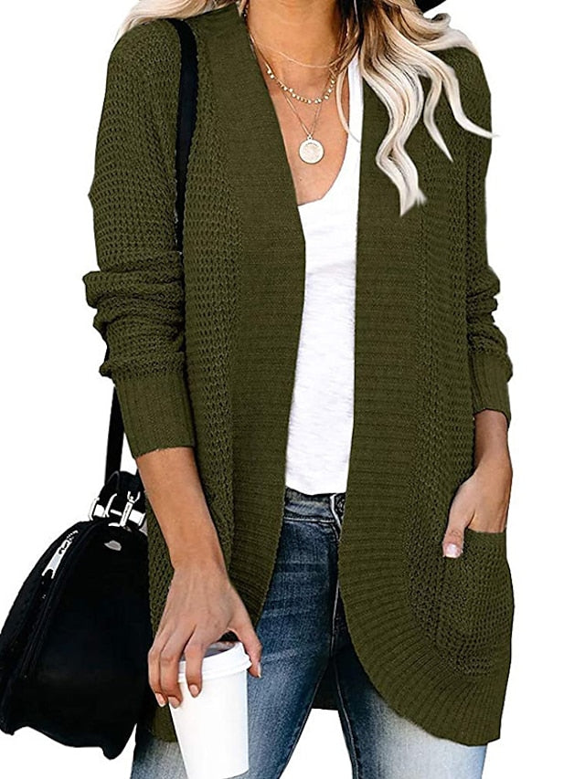 Women's Cardigan Pocket Knitted Solid Color Basic Casual Chunky Long Sleeve Loose Sweater Cardigans Open Front Fall Winter Beige - LuckyFash™